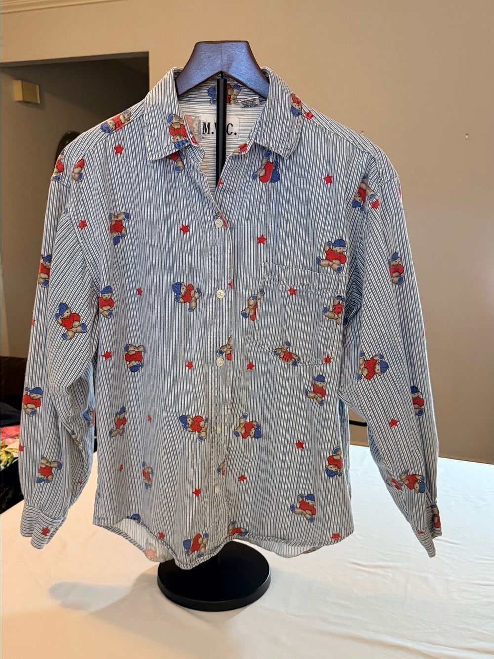 Vintage M.W.C. Blue Striped Button-Down Shirt with Teddy Bears size M (OO10)